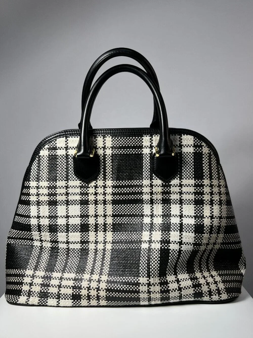 TORY‎ BURCH Robinson Woven Plaid Open Dome Satchel - Black/Beige/White